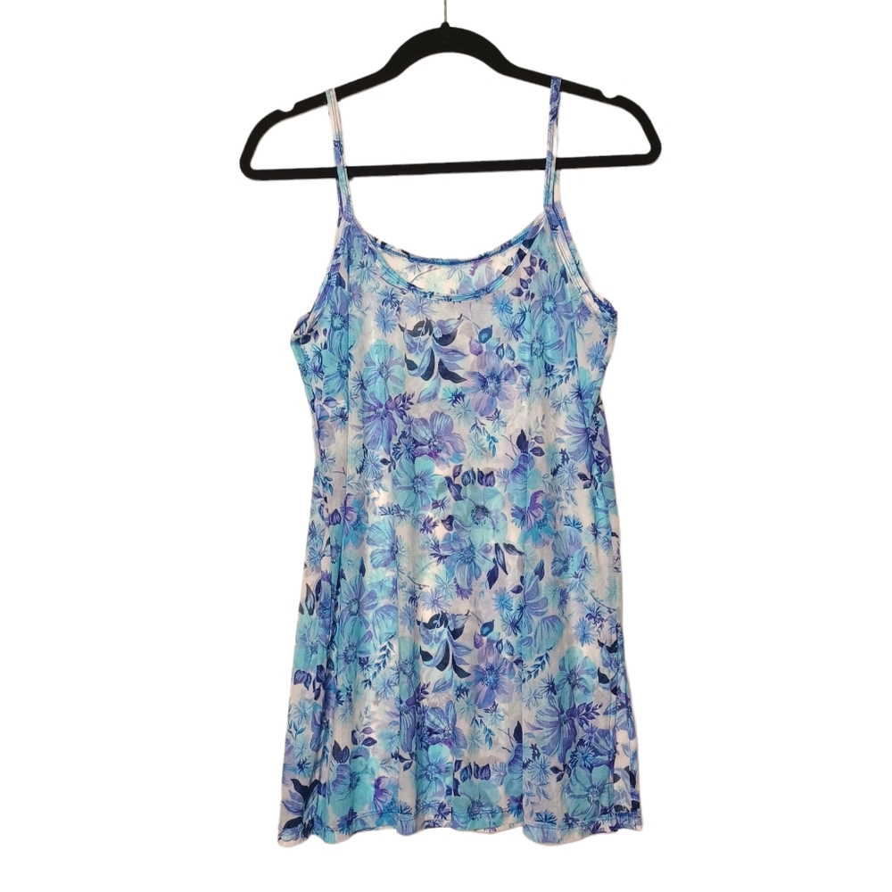 LEILANI Blue Purple Floral Print Mesh Sleeveless Stretchy Beach Swim Tunic S/M